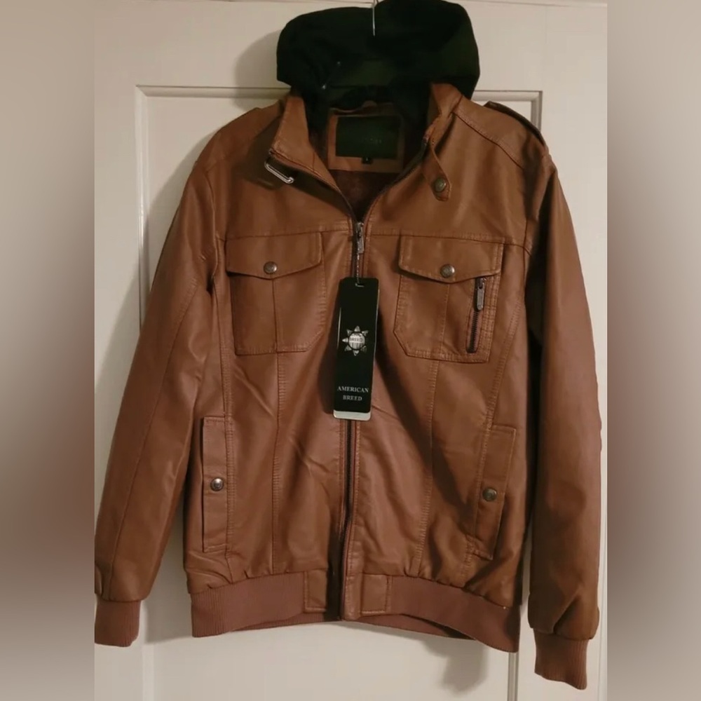 American Breed Men Hooded Brown Jacket Bomber Pleather Faux Fur Lined Casual